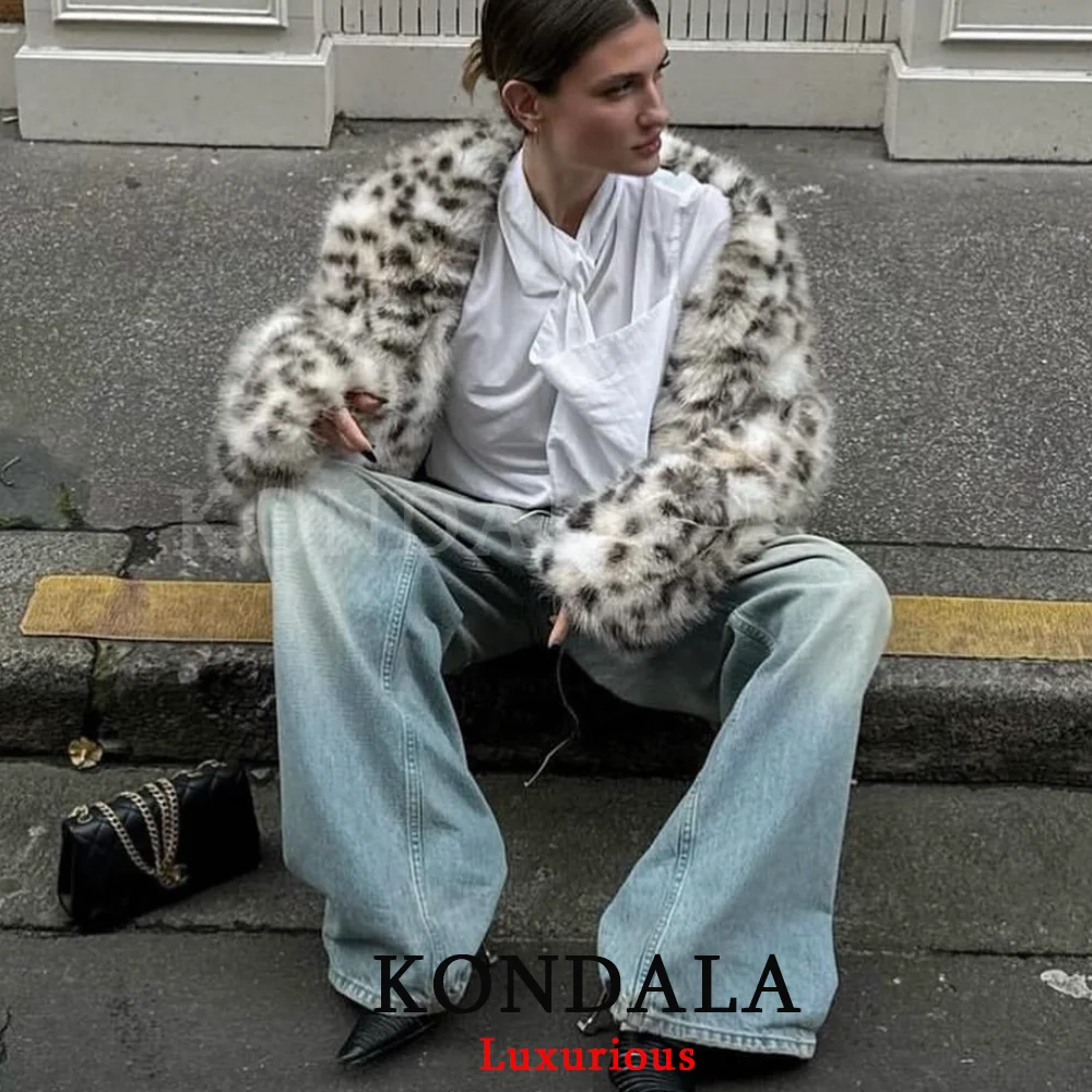 KONDALA ソフトヒョウ柄フェイクファーコート レディース 長袖 オーバーサイズコート ファッション 2025 秋冬 厚手 暖かい ストリートウェア アウター