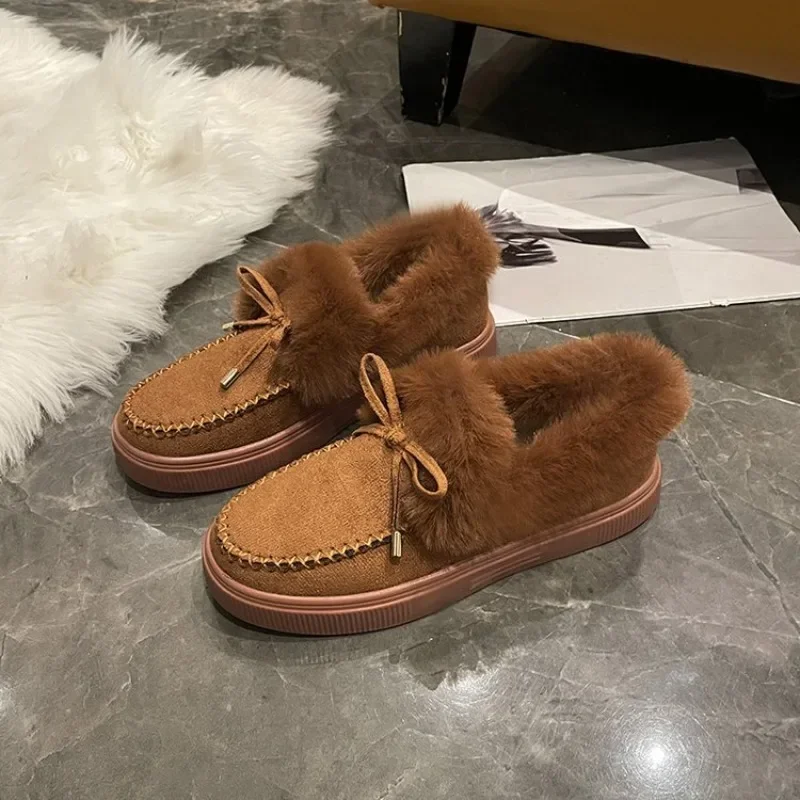 Winter Women's Cotton Flat Shoes Moccasins Femme Warm Plush Loafers Comfy Fur Flats Woman Large Size 35-43 Platform Furry Boots