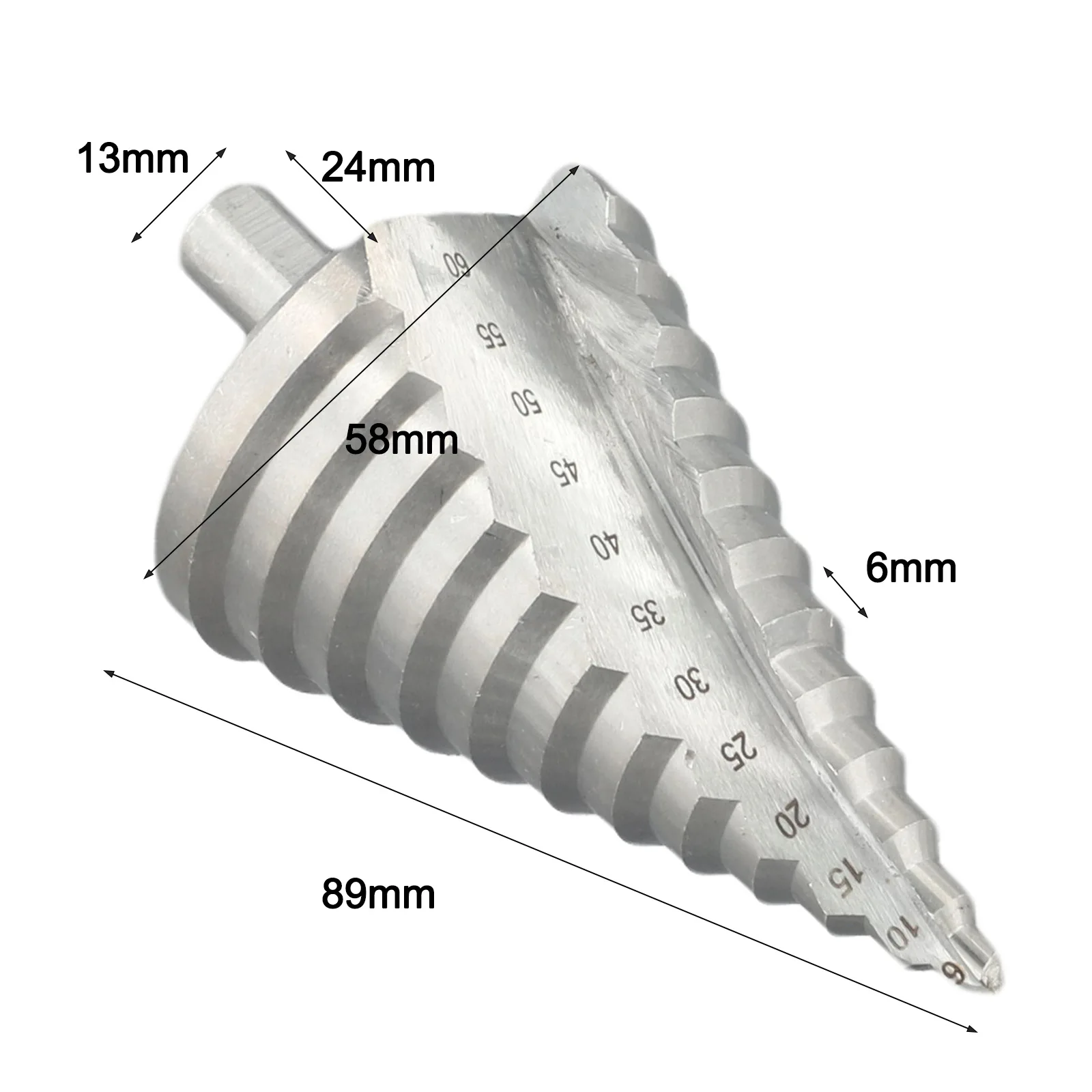 Broca escalonada multifuncional, cortador de agujeros para madera, estructura de escalera de acero de alta velocidad de 6-60mm, Color plateado para desbarbado