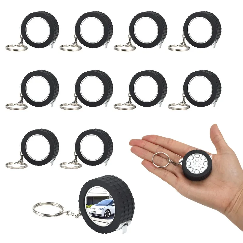 10Pcs Tire Shape Mini Tape Measure Keychain Sublimation Blank, Heat Press DIY Custom Gift 1.6x1.6x0.6 Inch