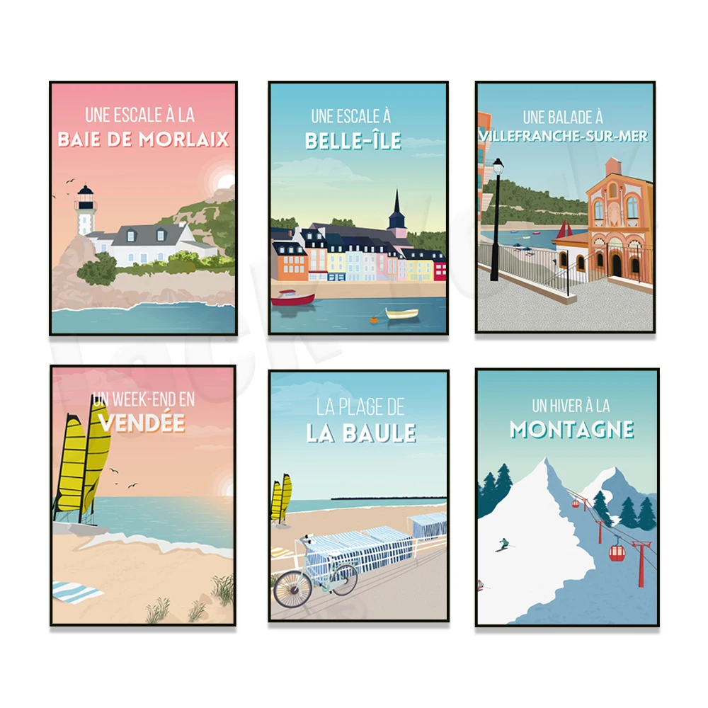 La Baule, Bayeux, Burgundy, Benodet, Deauville, Villelanche-sur-Mer, Saint-Philibert, La Rochelle, Morlaix, island travel poster