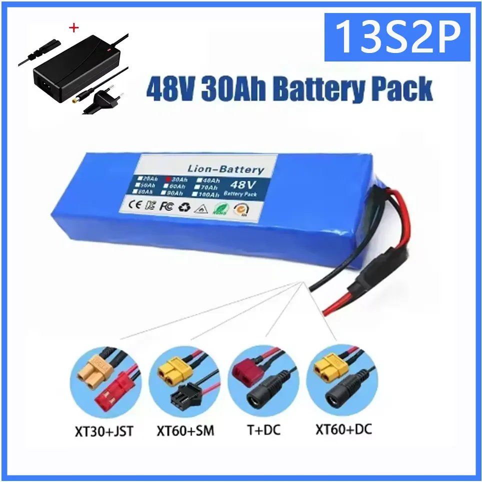 48V 30Ah 100Ah 13S2P Lithium-Ionen-Akkupack mit 250W 350W 500W 750W 1000W BMS und einem kostenlosen 48V/54,6V-Ladegerät