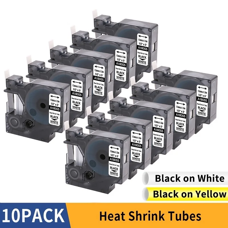 10PK Tube Tapes Compatible for DYMO Rhino Industrial Heat Shrink Tubes Label Maker Tape 18051 18052 18054 18055 18056 18057