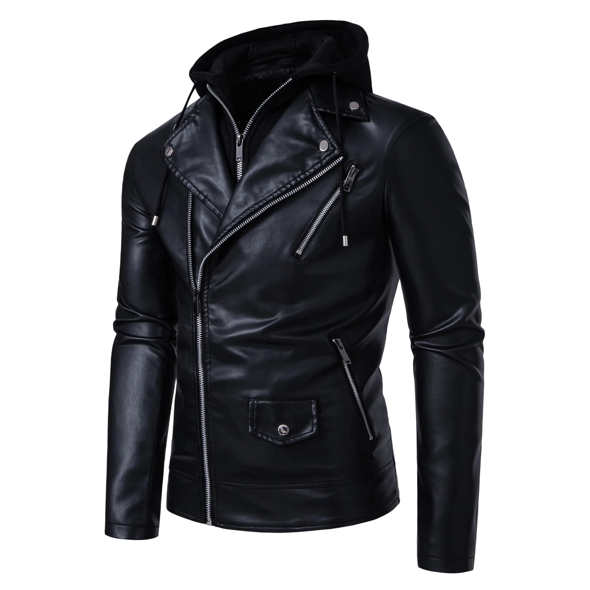 Oreo Men's Cap-Wearing Collar Leather Cap-Wearing Racing Suit Cycling  Jacket European Sizes XJ357