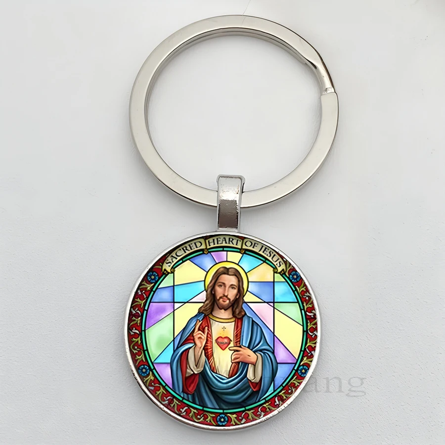 I Love Jesus Logo Fashion Keychain Jesus Pattern Glass Cabochon Car Key Chain Religious Jewelry Prayer Gift