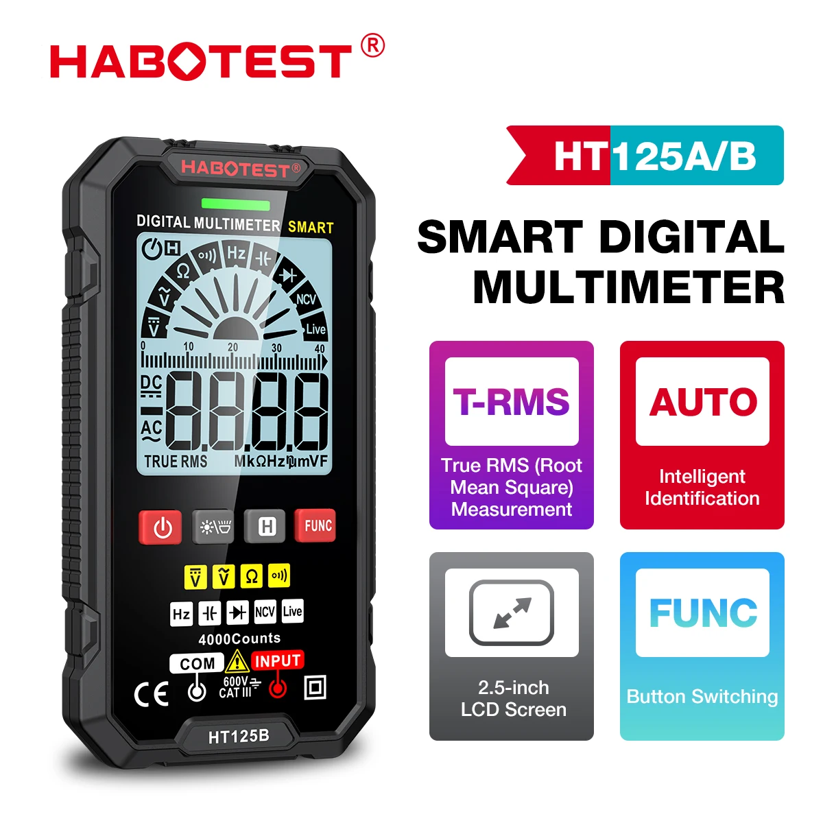 HABOTEST HT125 Digital Smart Multimeter 600V Ture RMS AC DC NCV Tester Ohm Capacitance Hz Voltage Meter Smart Multitester