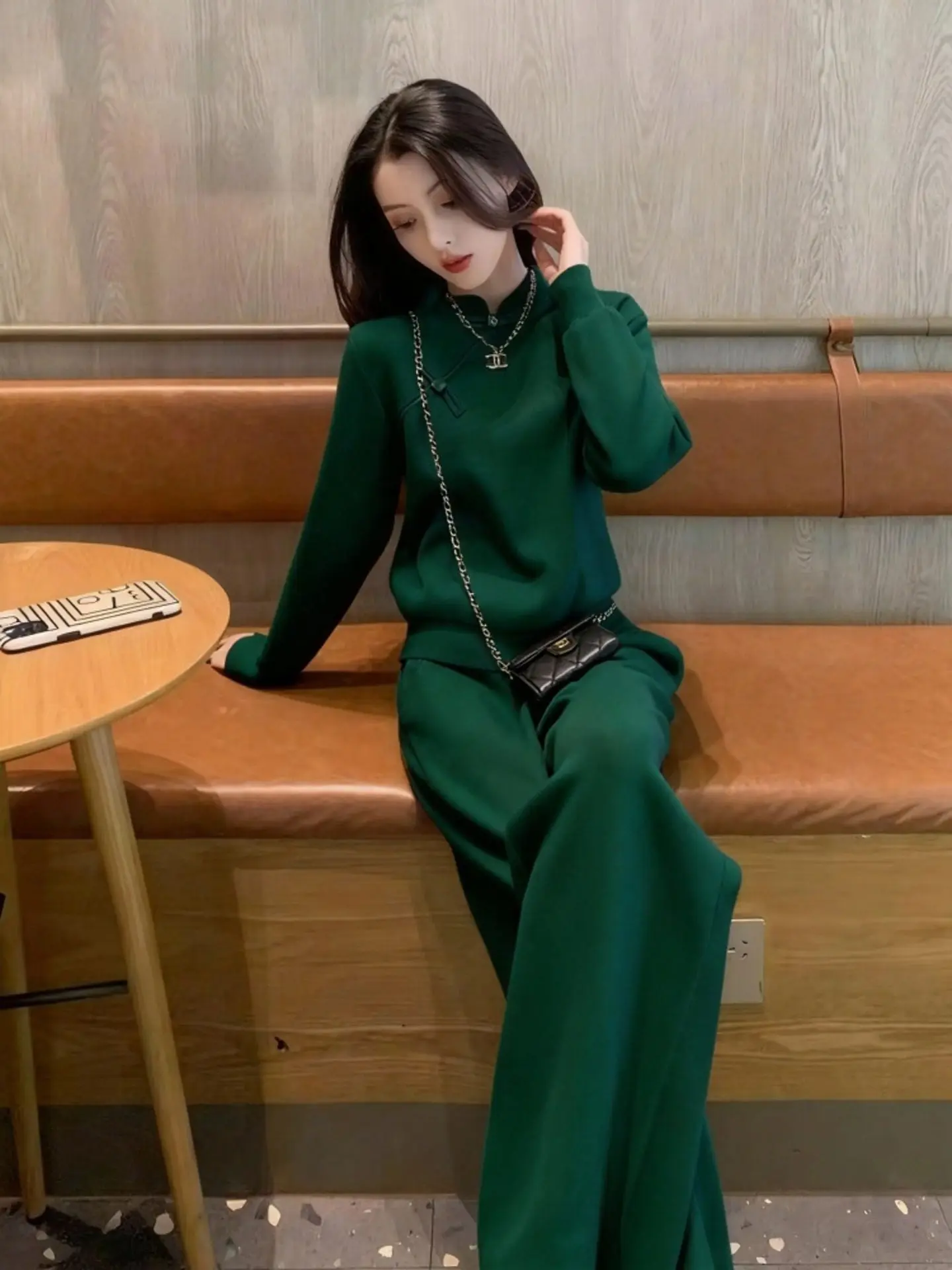 

Элегантный зеленый повседневный модный комплект для женщин: весенний новый китайский винтажный топ и широкие брюки, комплект из двух предметов, удобный, с высокой талией