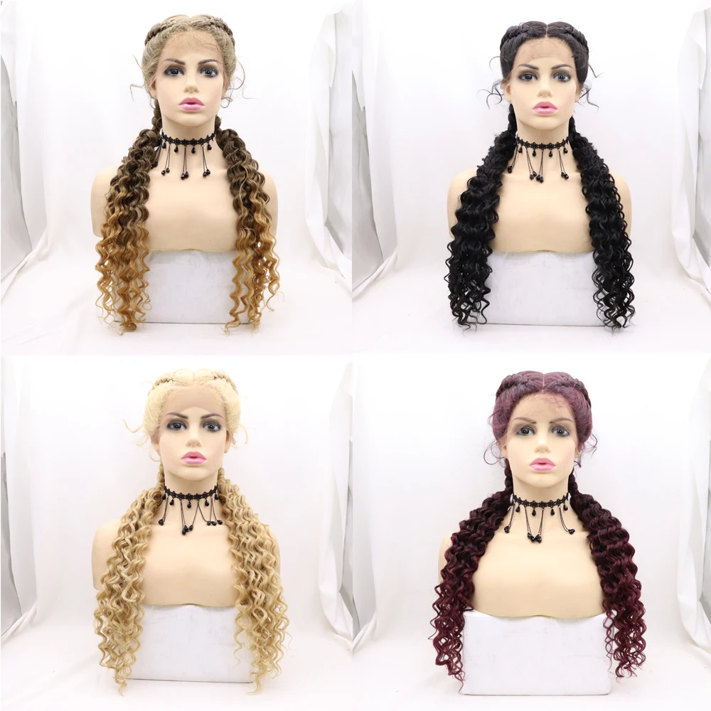 

Sylvia Black/Blonde/Brown Blonde/Wine Red Double Braids Lace Front Wigs for Women Curly Synthetic Braided Wig with BabyHair