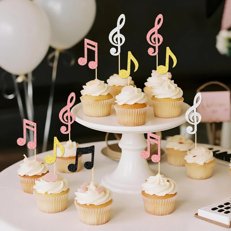 YOMDID 24 Stück glitzernde Musiknoten-Kuchenaufsätze, Bambus-Cupcake-Topper, Cupcake-Picks mit Musik-Thema für Rock-Konzerte, Partyzubehör – Detail 8
