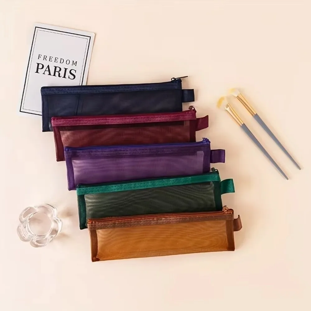 Fashion Mesh Makeup Brush Storage Bag Zipper Portable Multi-Functional Makeup Bag Pen Storage Solid Color Clutches Bag