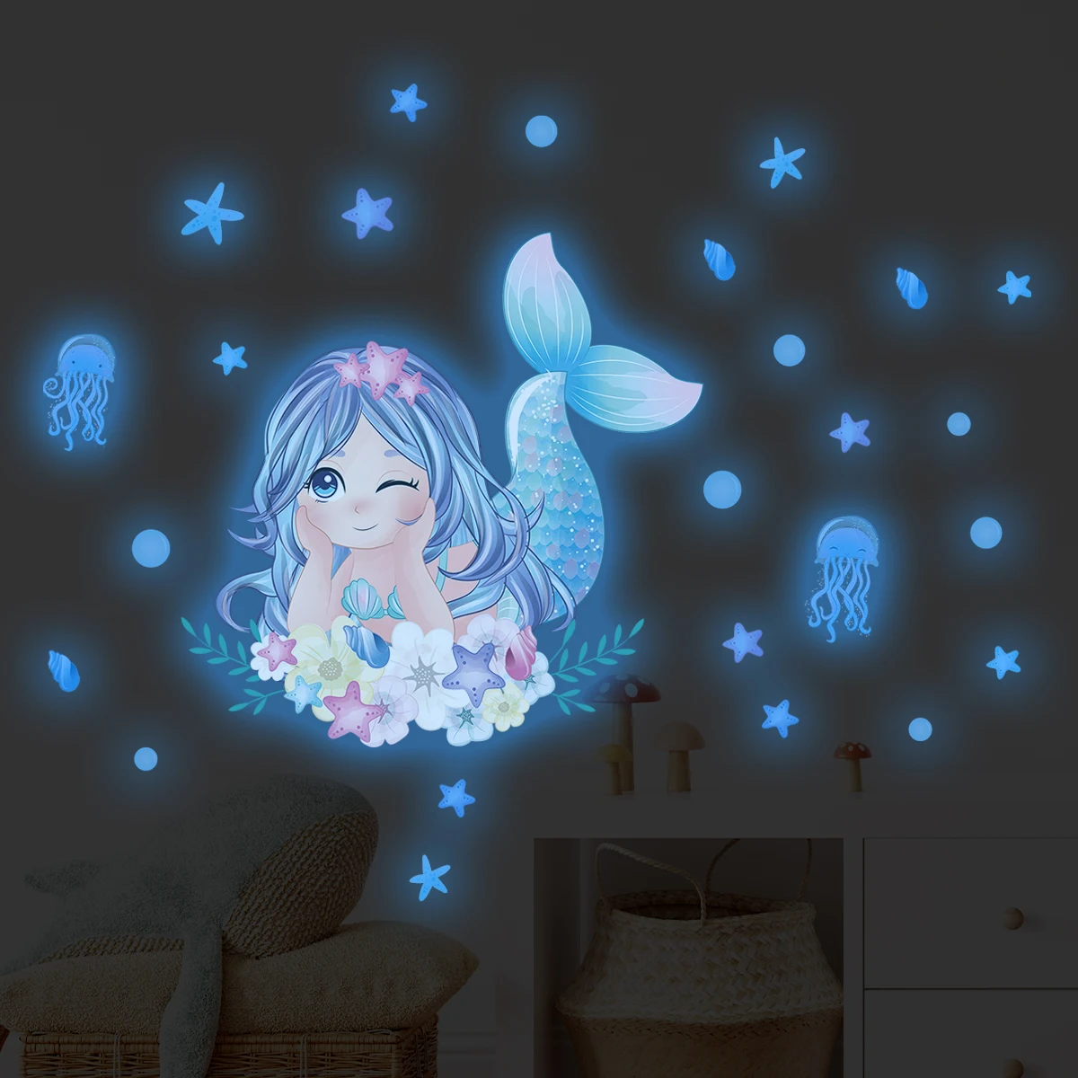 Cartoon Jellyfish Mermaid Wall Stickers for Kids Room Decor Background Girls Bedroom Living Room Home Decoration Wall Decal Glow