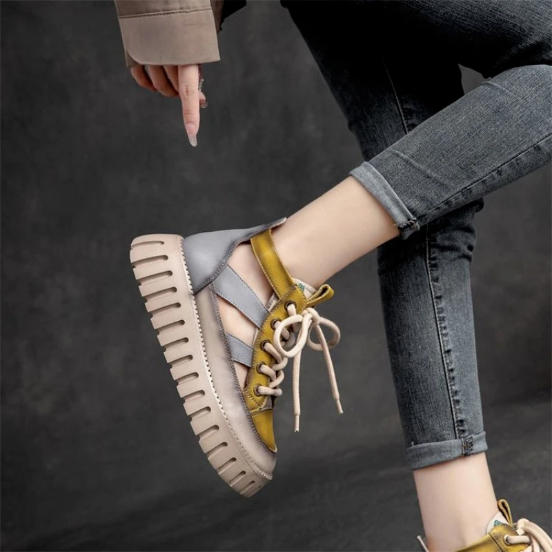 2024 New Summer Platform Medium Heel Sandals Boots Casual Fashion Genuine PU Leather Trend Women Sandal Roman Shoes 40