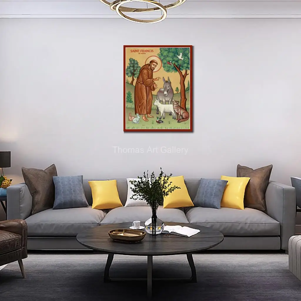سانت فرانسيس أوف أسيسي مع أيقونة الحيوانات HD قماش طباعة راعي البيئة الكاثوليكية الأرثوذكسية الفن لحديقة مصلى الكنيسة ديكور