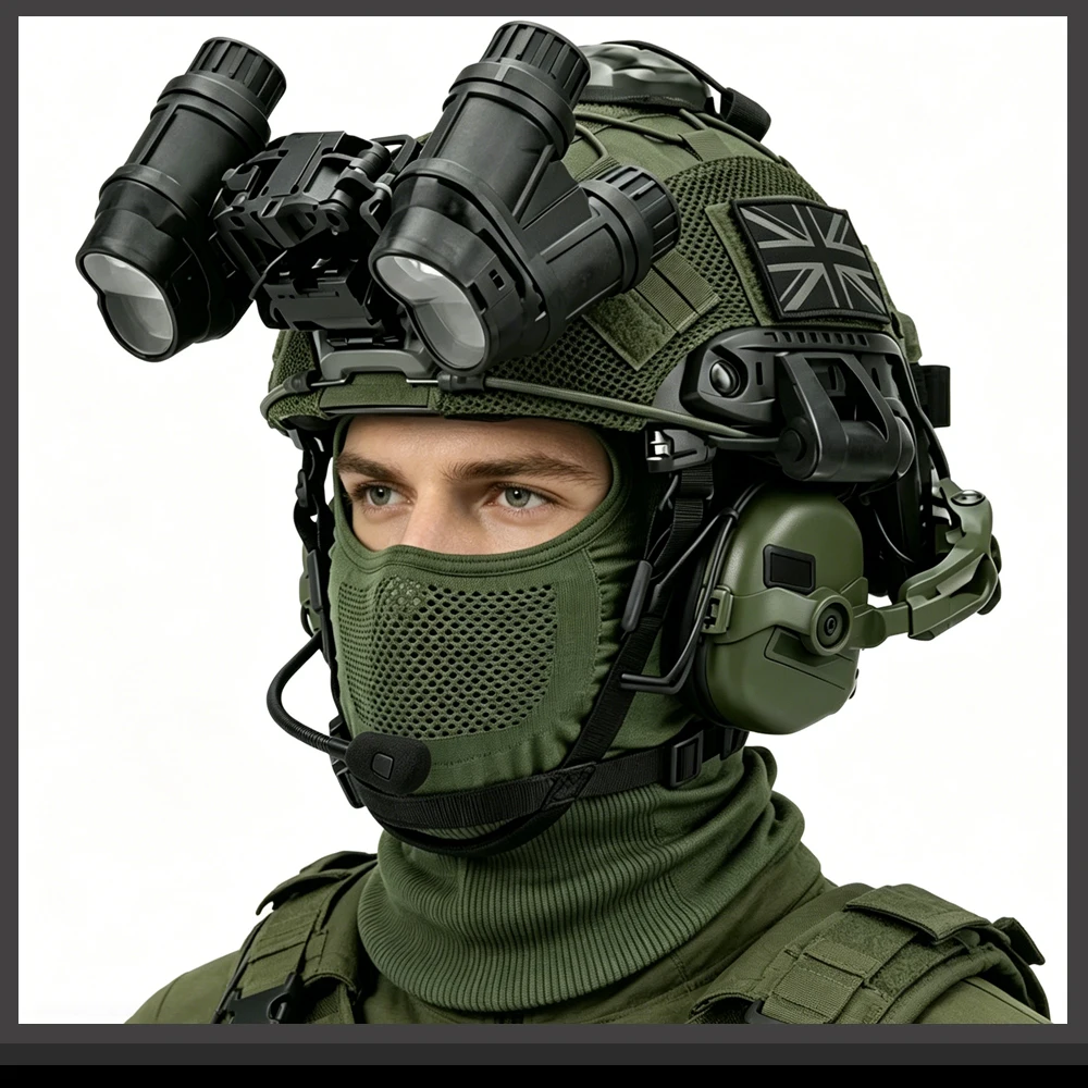 Adjustable Airsoft Tactical Helmet Set with Headset, NVG Model, Battery Bag & Full Face Steel Mesh Mask for CS Game & Cosplay