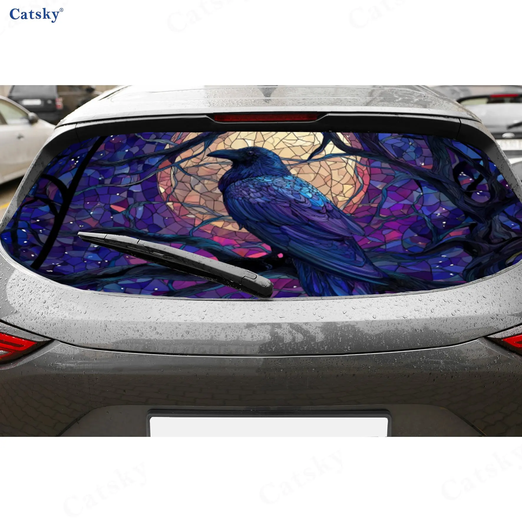 Purple Starry Raven PVC Perforated Car Vinyl Wraps, Durable Car Rear Windshield Sticker, Waterproof Car Rear Window Decal