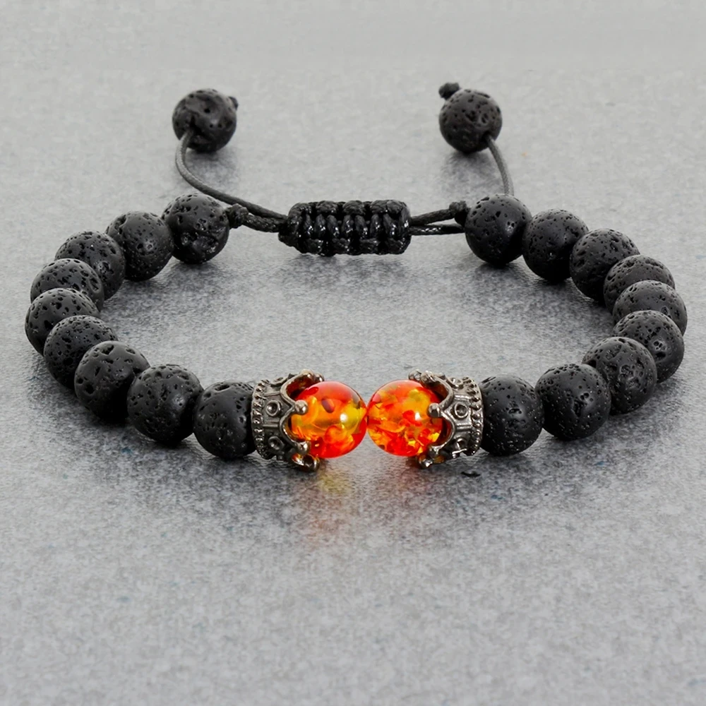 Black Lava Stone Crown Charm  Bracelet For Men Women Braided Bracelets Handmade Adjustable Jewelry Pulseira