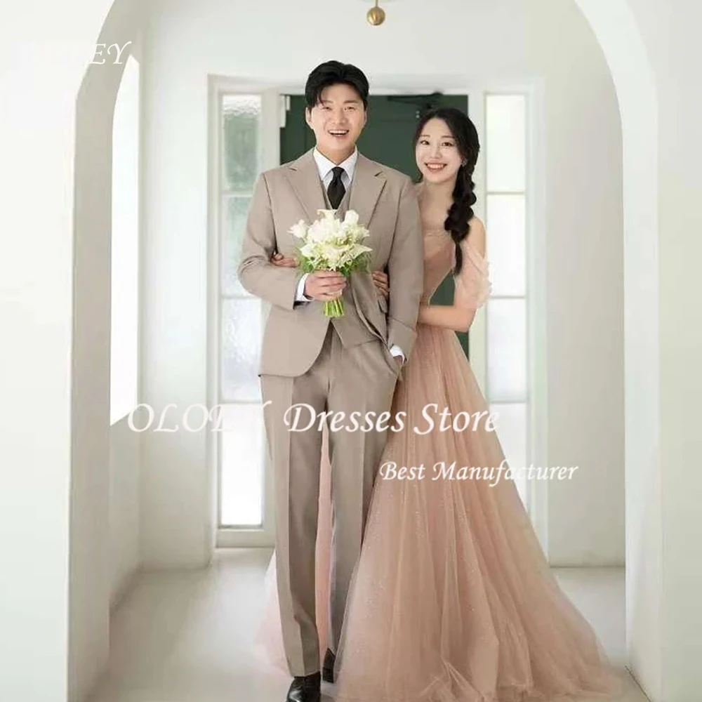 

OLOEY Elegant Pink Tulle A-Line Korea Evening Dresses Photo Shoot Tiered Ruffles Wedding Prom Gowns Formal Occasion Customised