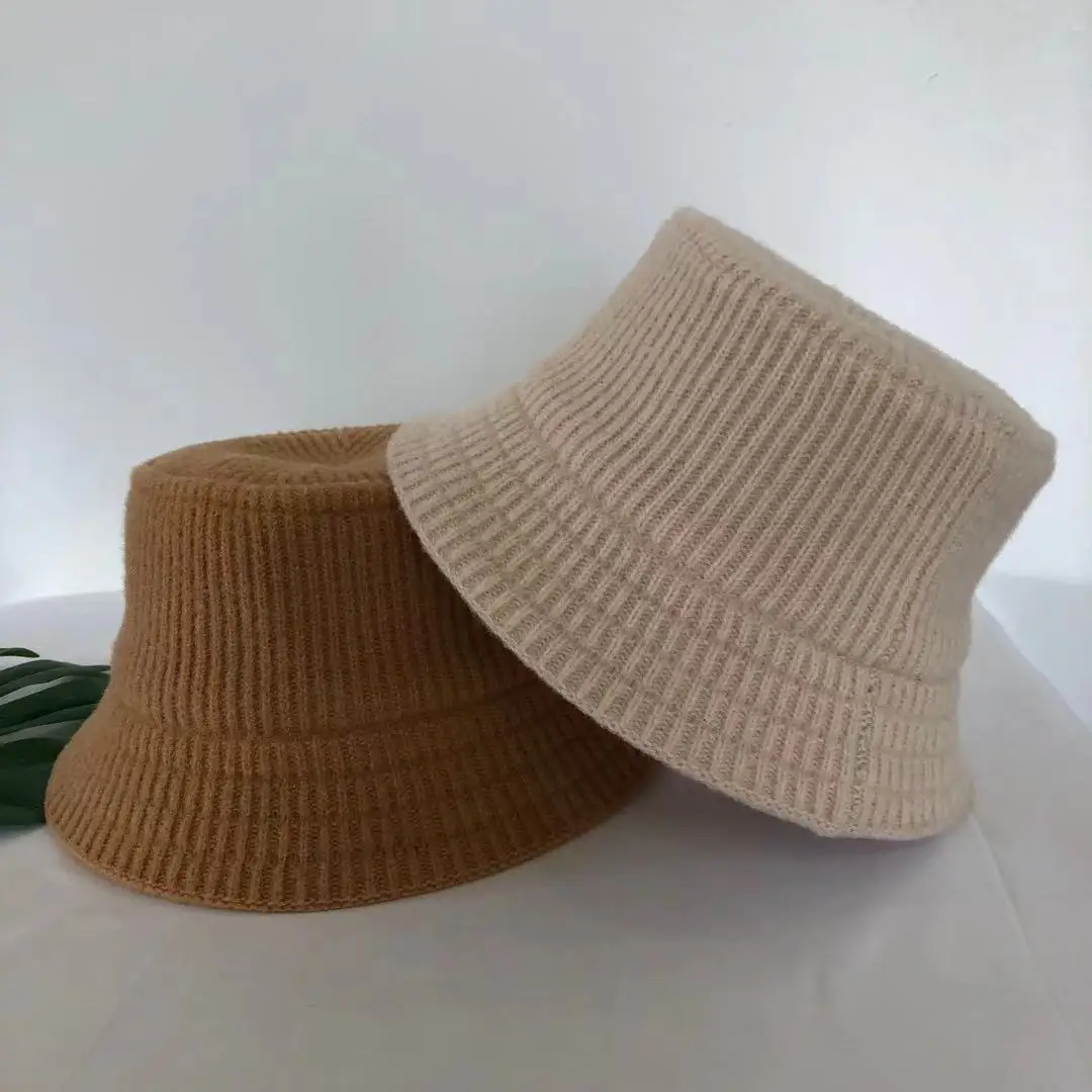 

Winter hats for women 2022 Vertical strip flat top wool blend knitted bucket hat warm fisherman hat Casual versatile basin hat