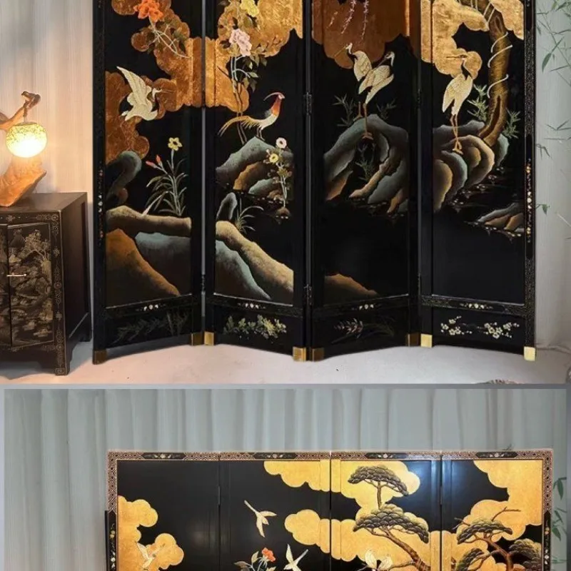 Hand-painted black gold screen, black background flowers and birds light luxury guest bedroom hall partition
