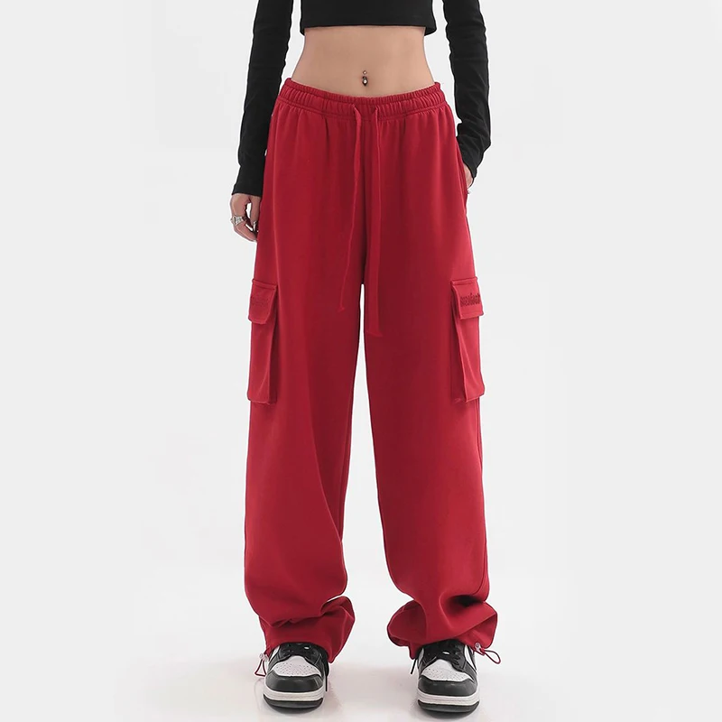 

Zoki Y2K Red Cargo Pants Women Harajuku Loose Hip Hop Pockets Wide Leg Trousers High Waist Streetwear Casual Jogging Sweatpants