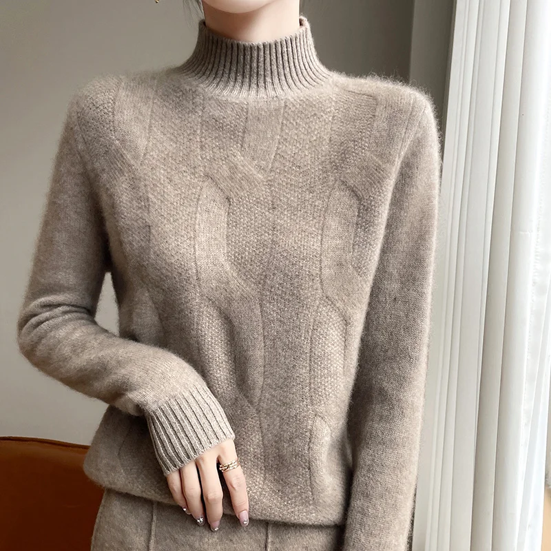 100% Merino Wool Half Turtleneck Pullover Women\'s Autumn and Winter Thick Twist Flower Sweater Korean Fashion Women\'s Wear