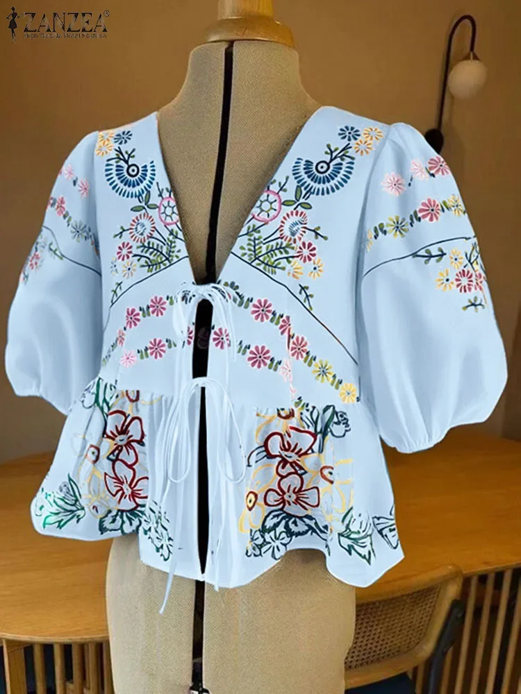 

ZANZEA Women Blouses Summer Puff Sleeve Lace-up Casual Tops 2025 Fashion V-Neck Printed Bohemian Shirts Bandage Loose Blusas
