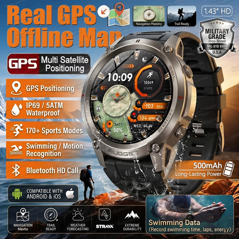 

2026 New GPS Smartwatch for Men Offline Map Compass Sports Fitness Watches Bluetooth Call Health 5ATM Waterproof Swim Bracelets