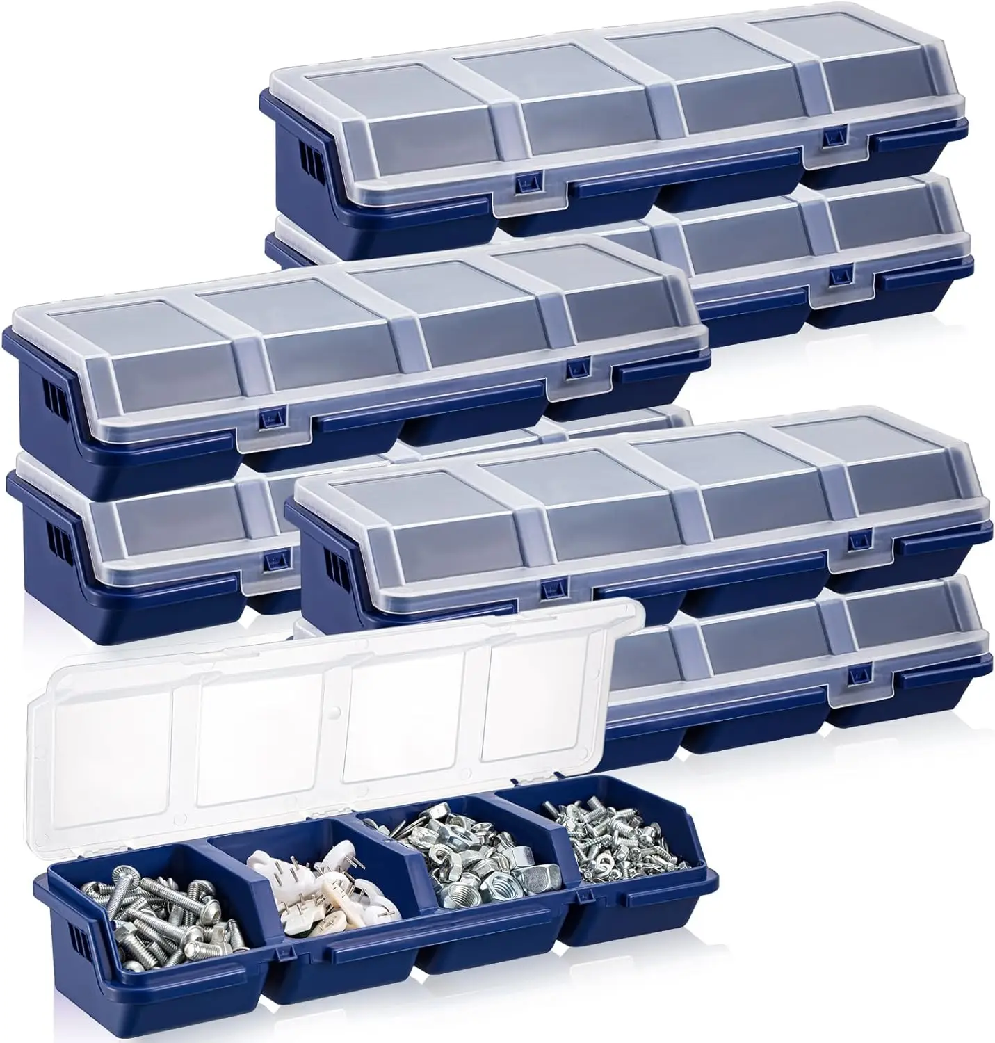 

Screw Organizer Box with Lid 4 Compartments Plastic Stackable Storage Bin for Small Parts Hardware Tool Sorting (Blue)