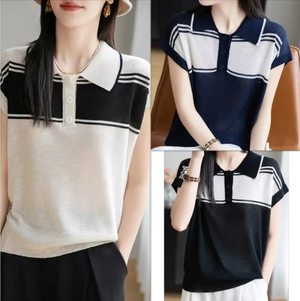 

Fashion Contrast T-shirt Women Loose Casual Polo Collar Knitted Short Sleeve Tops