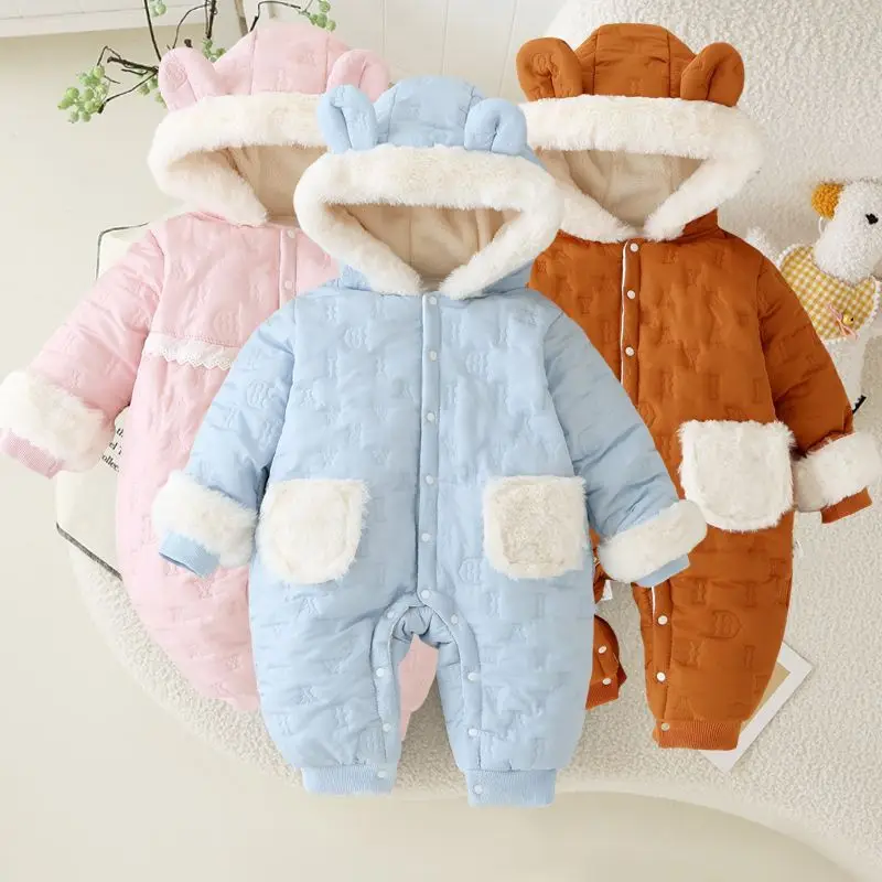 2026 Baby Winter Cute Girls Onesie Winter Small Month Newborn Boys Girls Infant Hooded Thick Outdoor Wear