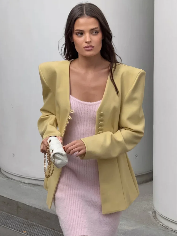 Lady V‑neck Fitted Blazer Ball Buttons Shoulder Pads Long Sleeve Slim Waist Elegant Solid Suit Jacket Office Party Outerwear