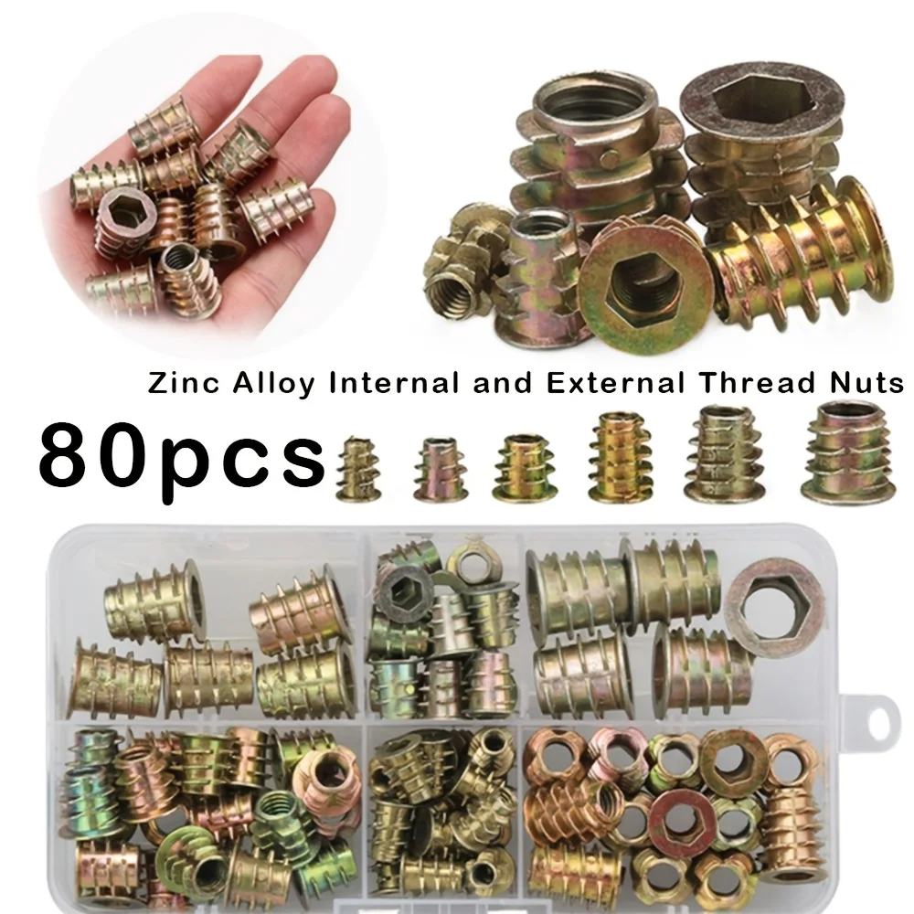 80Pcs Zinc Alloy Internal and External Threaded Insert Nuts Threaded Insert Nut Assortment Tool Kit for Wooden Furniture Zinc Alloy Furniture Bolt Fasteners Connectors Hexagonal Internal Hex Screw Inserts