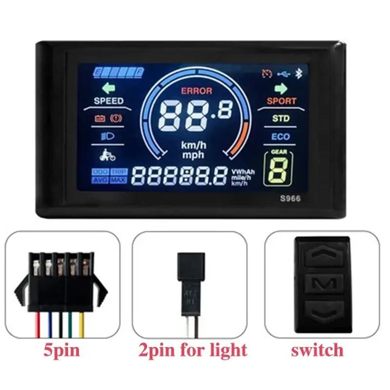24V 36V 48V-72V E-Bike LCD-S966 Color Display Control Panel 5+2Pin SM Plug for UART Communication Protocol E-Scooter E-Bicycle