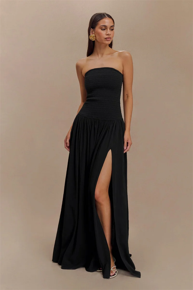 2025 جديد خارج الكتف حمالة فستان ماكسي مثير المرأة أنيقة بلا أكمام عارية الذراعين الفخذ العليا سبليت مطوي نادي حفلة فستان طويل #4