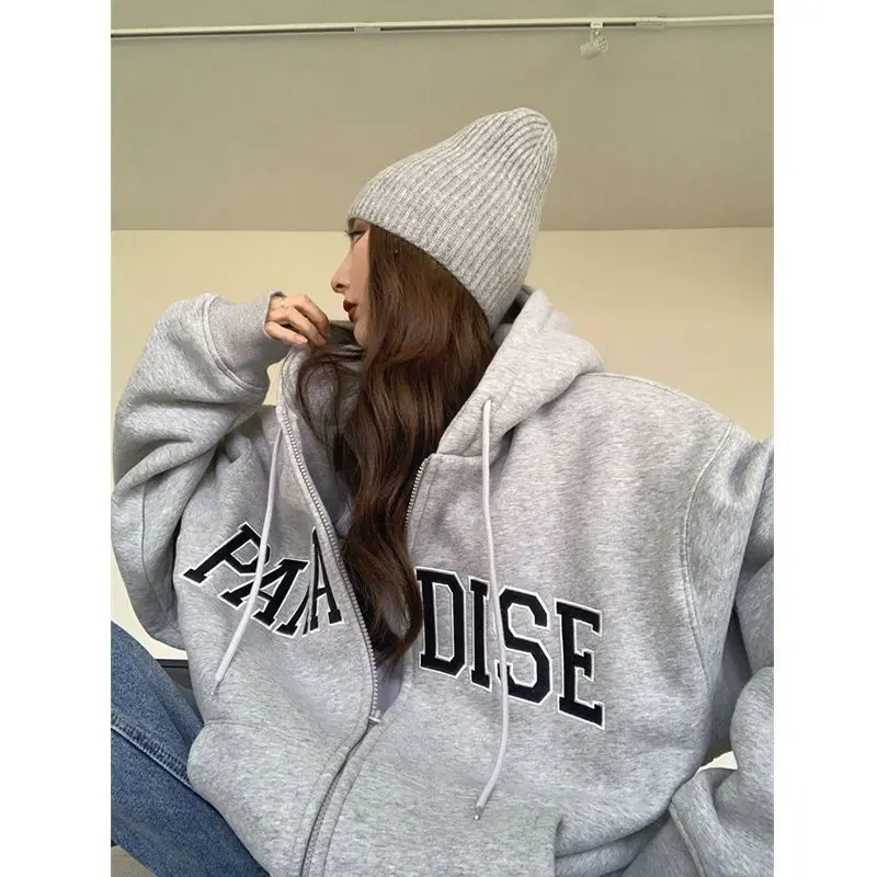 Autumn and winter American loose cotton sweatshirt hooded zipper female student lazy style jacket double hood silver fox velvet