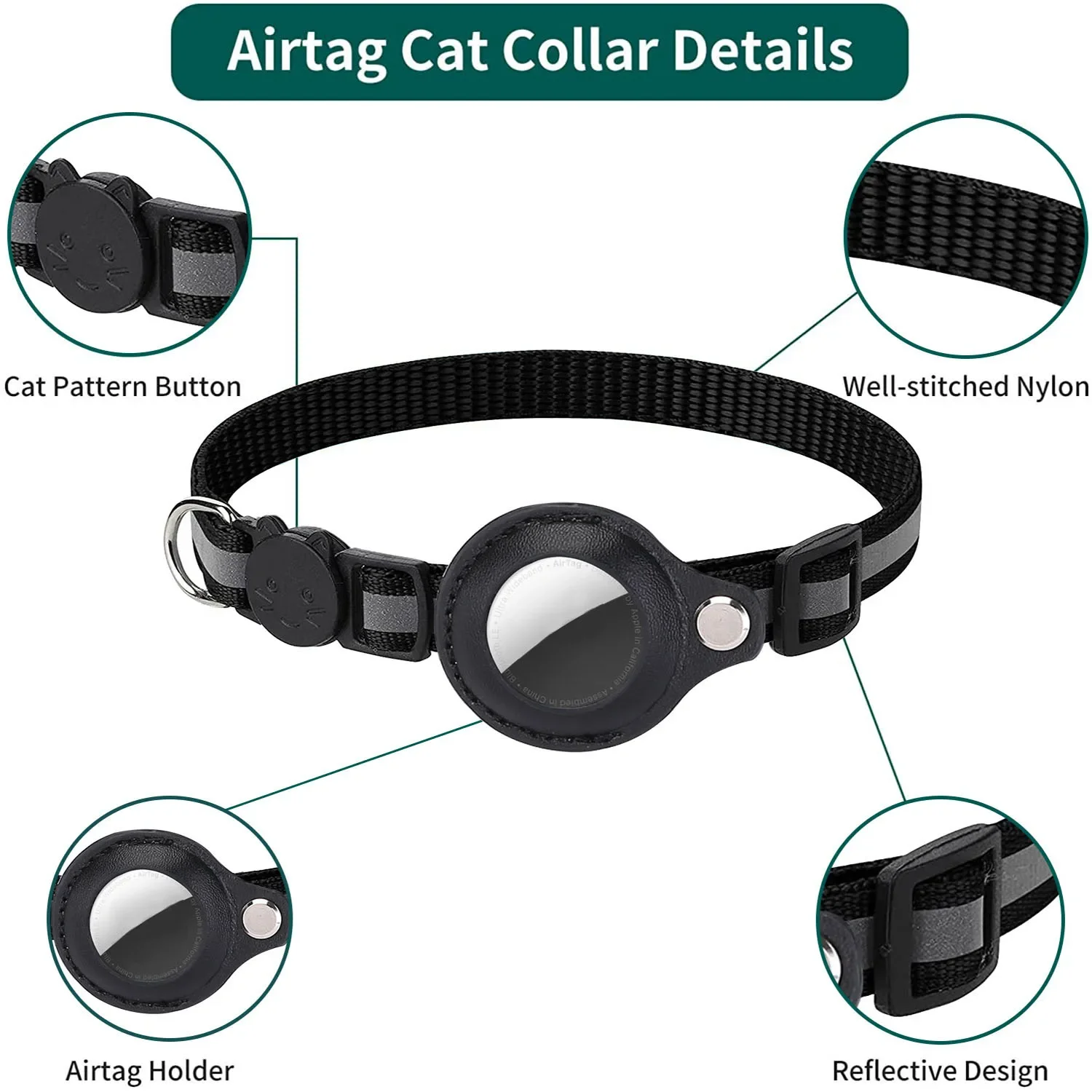 Haustier-AirTag-Anti-Verlust-Tracker-Halsband, verstellbares, reflektierendes, wasserdichtes Katzenhalsband mit abnehmbarer glockenförmiger Halterung – Detail 2