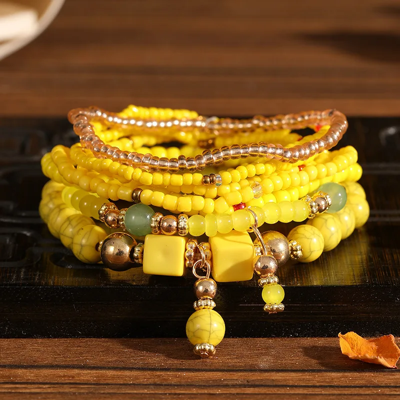 Boho Multilayer Bracelet Set for Women – 8-Piece Elastic Beaded Wristband Stackable Jewelry, Trendy Bohemian Hand Chain