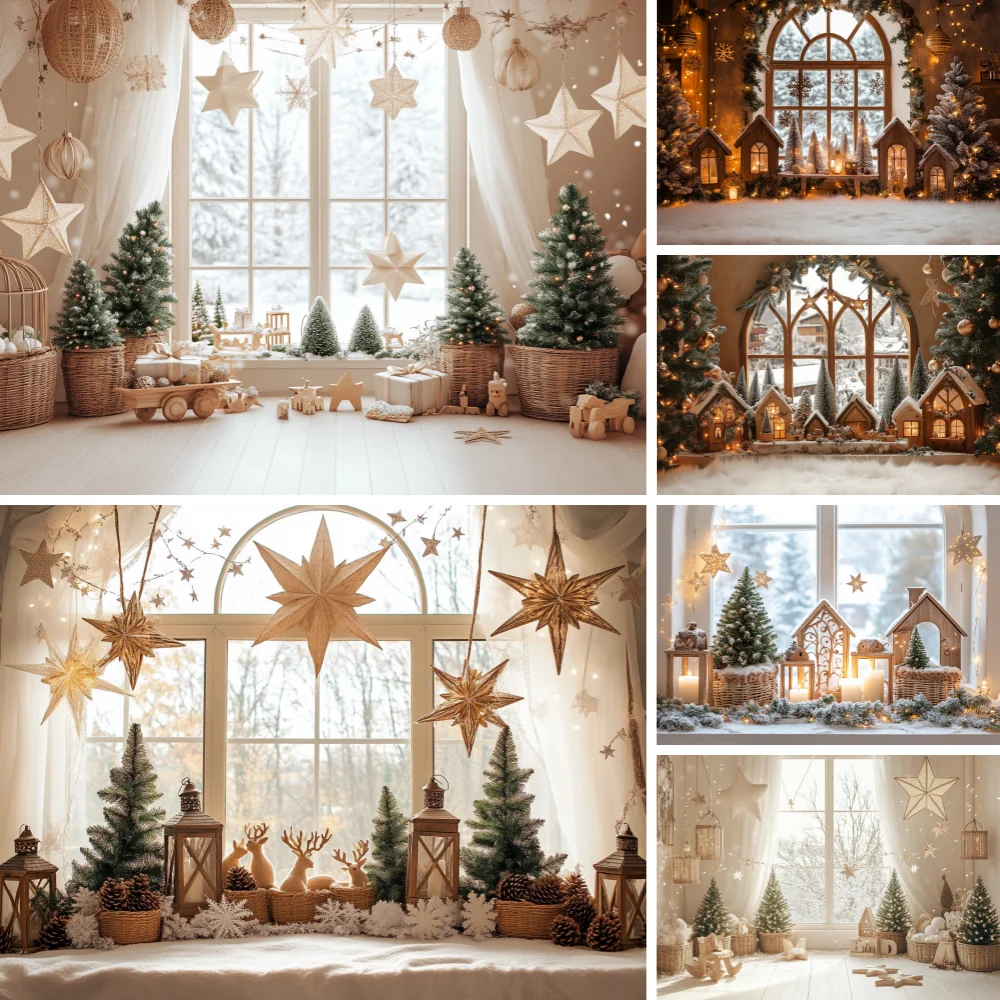 

Christmas Tree Window Photo Backgrounds Adult Kid Family Portrait Winter Snow Candle Lights Photo Studio Backdrops