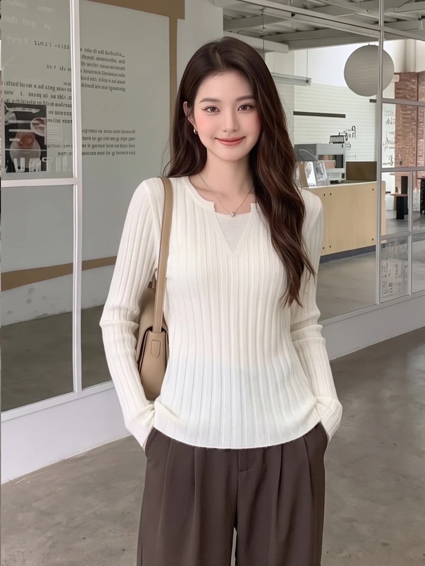 Women's Slim Fit V-Neck Knitted Sweater Autumn Soft Style Base Layer Shirt City Walk Long Sleeve Knitwear Pure Color