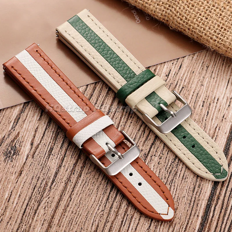 Premium Color Block Stripe Leather Watchband 20mm 22mm Genuine Calfskin Strap Brushed Buckle Fashionable Casual Universal Band