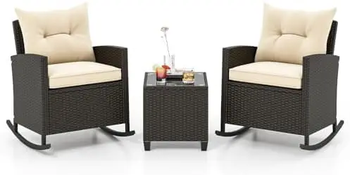 3-Piece Outdoor Wicker Rocking Chair Set with Cushions and Glass Coffee Table, Beige