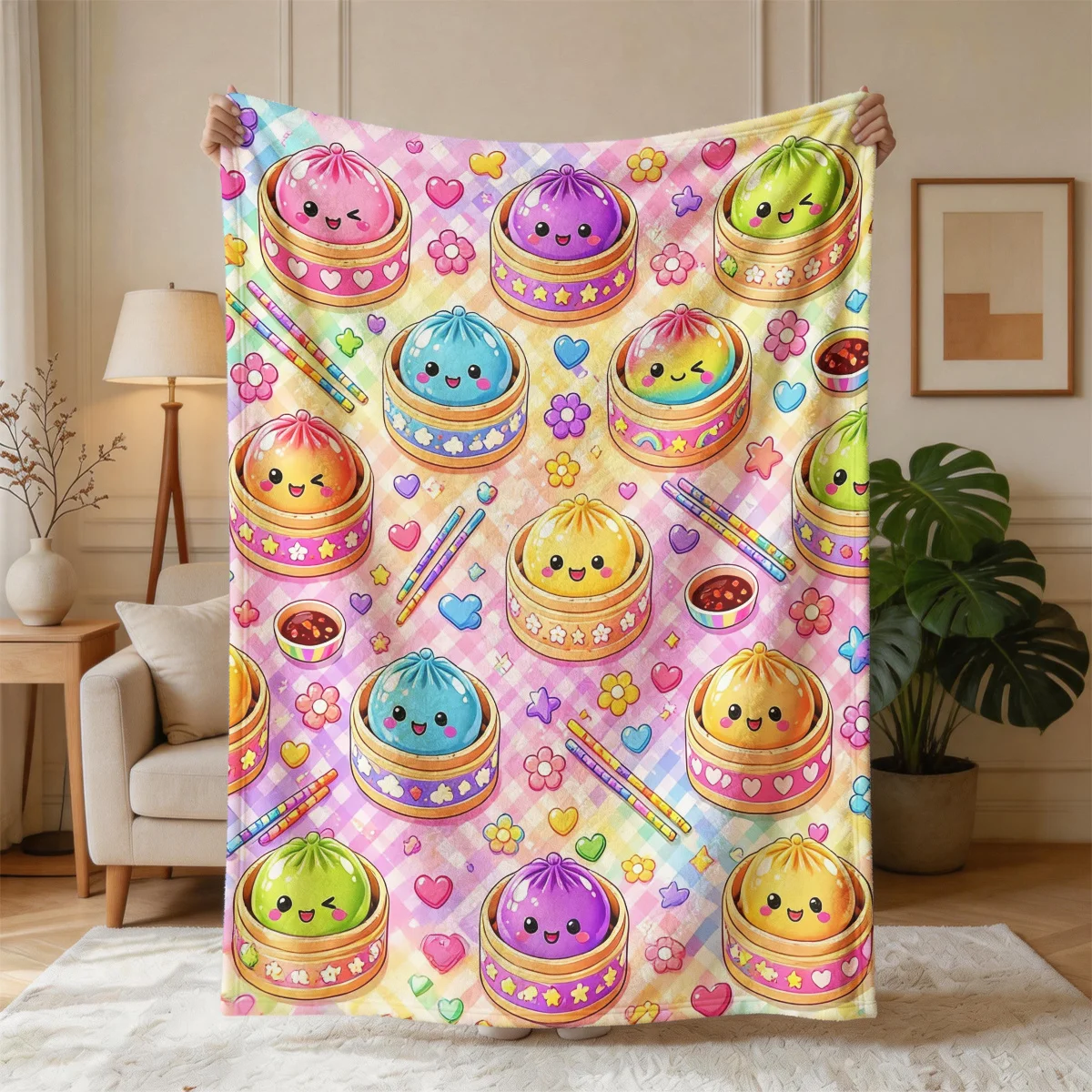 1pc Large Retro Macaron Plaid Blanket Suitable for Bed, Sofa, Travel - Soft Flannel Throw with Xiaolongbao Dumpling & Heart Flow