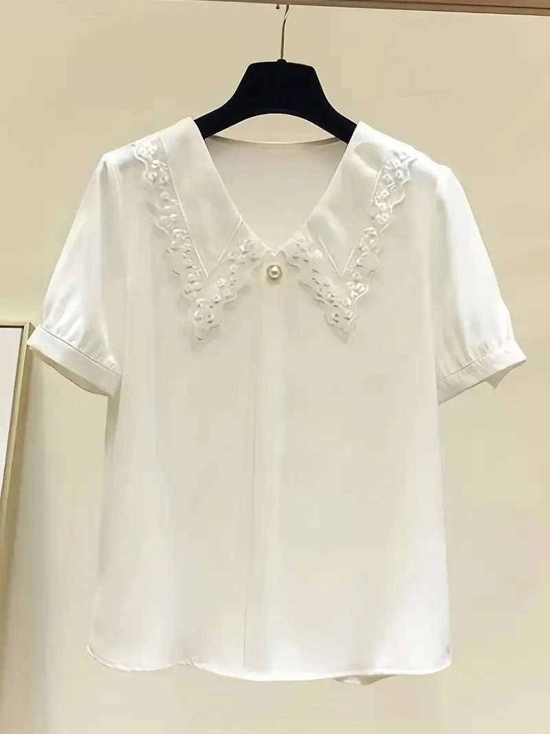 Korean-Style Cute Blouse Summer Spring Fashion Casual Solid Women Cardigan Short Sleeve Lace Collar Elegant Ladies Clothes