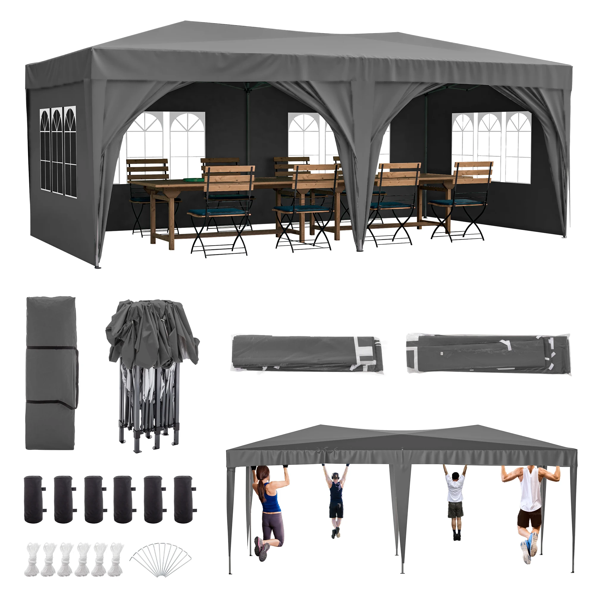 

10 x 20 ft Heavy Duty Awning Canopy Pop Up Gazebo Marquee Party Wedding Event Tent with 6 Removable Sidewalls & Carry Bag, Gray