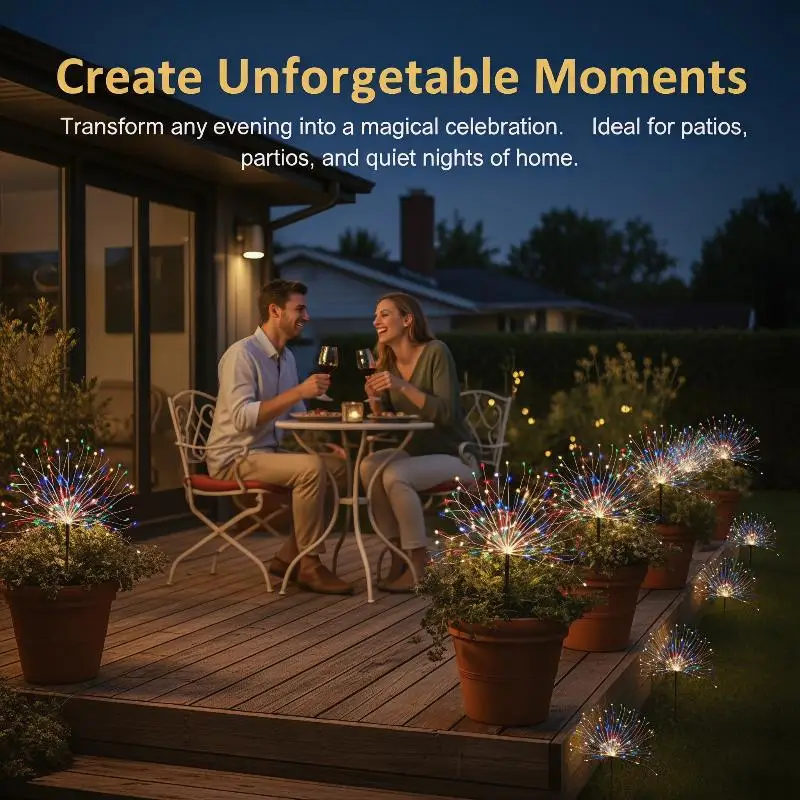 Solar Powered Colorful Firework LED Lights, Waterproof 8 Light Modes For Patio Yard Garden Decorations