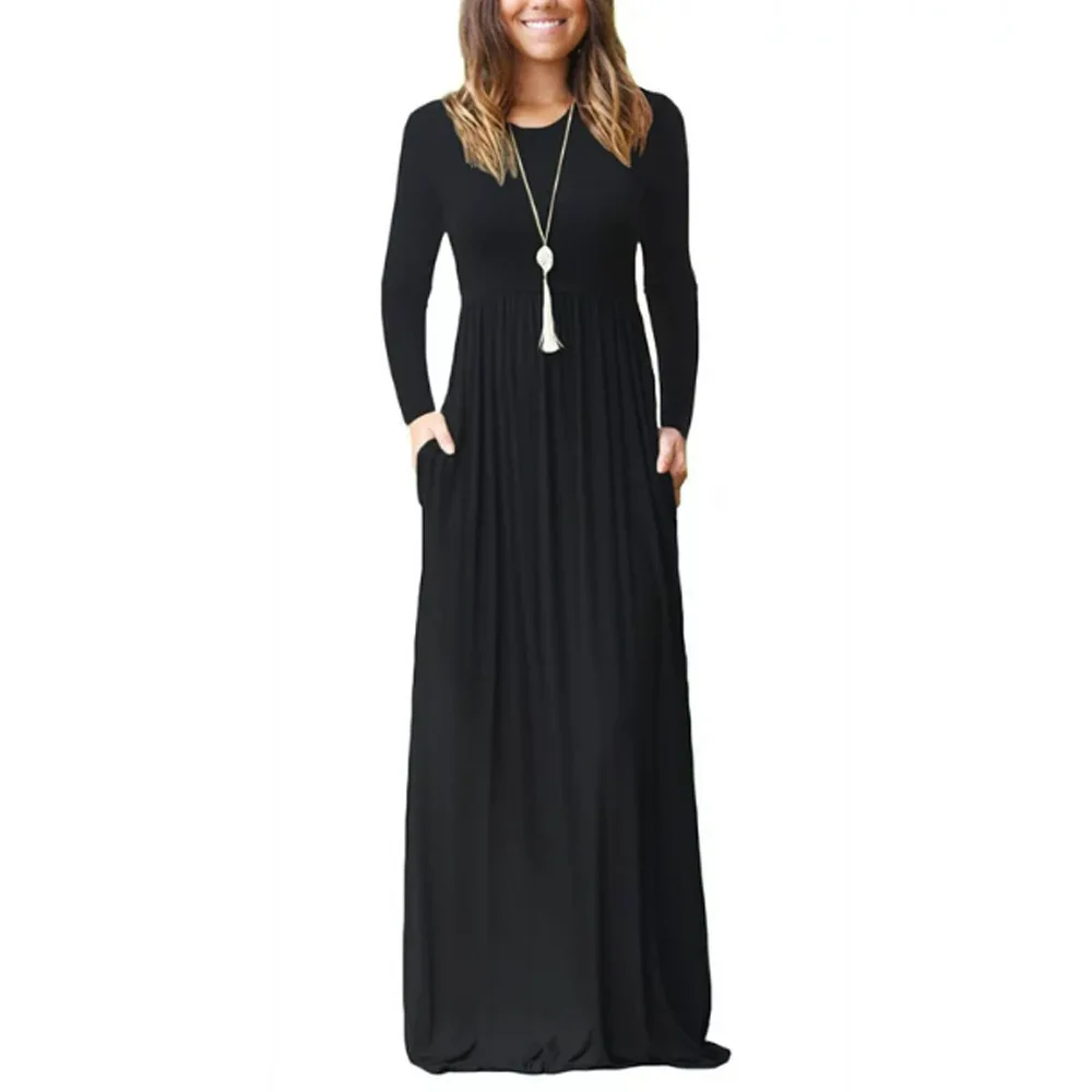 2023 Autumn And Winter New Amazon Cross-Border Goods Round Neck Long Sleeved Solid Color Casual Pocket Dress Floor Length Skirt