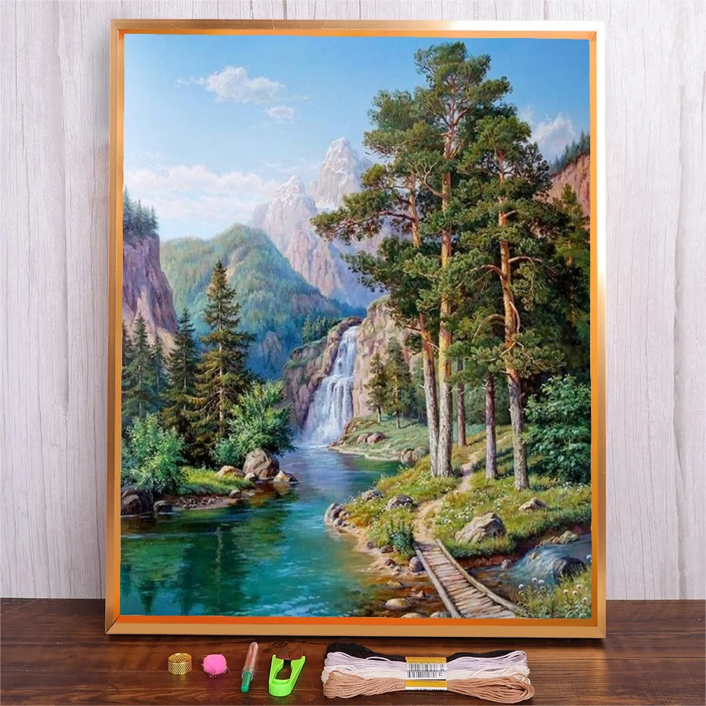 

Mountain Waterfall Landscape Cross Stitch Living Room DIY Embroidery Kits 11CT Printed Needlework Cotton Thread Set Handicraft