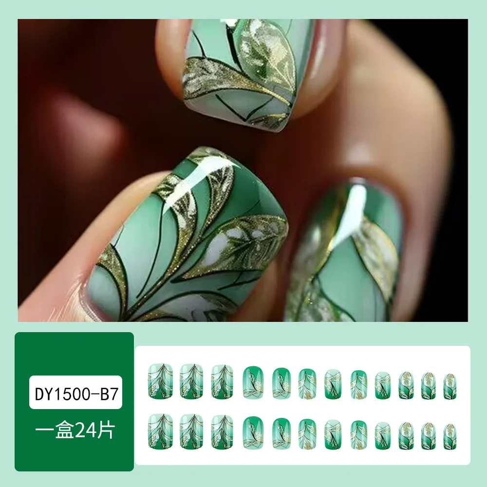 24 stuks medium vierkante pers op nagels - smaragdgroene bloemenglitter met groen verloop |   Elegante botanische stijl