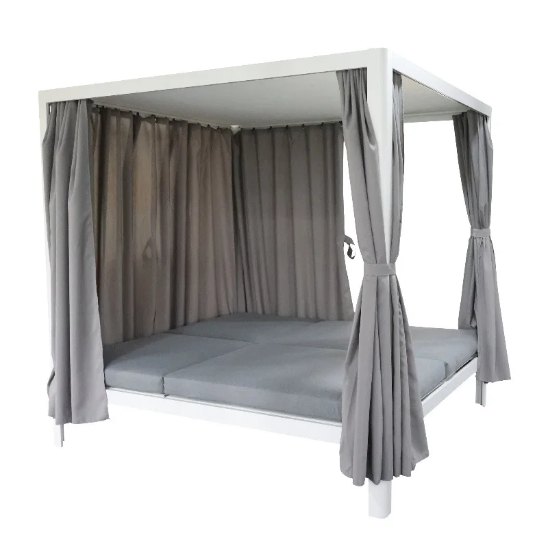 Outdoor Aluminum Patio Double Chaise Lounge Retractable Canopy Daybed Grey Cushion Beige Outdoor Curtain for Gardenpromote sales view 3