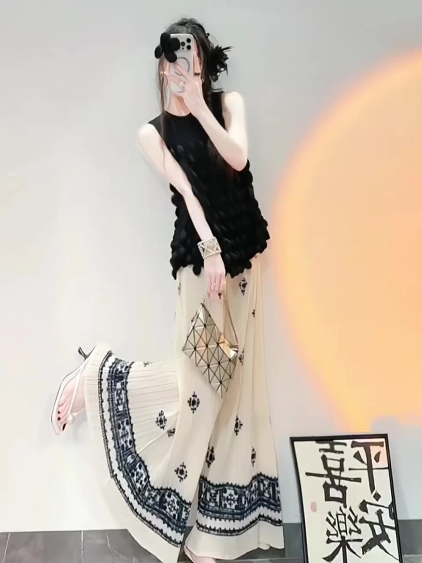 

High Waist Wide Leg Pants Bla Svel Pleated Faion Set Casual Sle Women's Clothing Tee Houses Art Creation